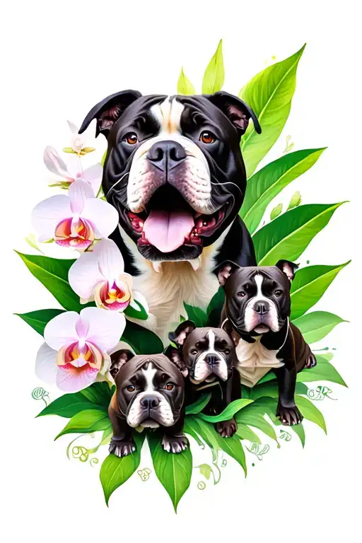 american bully family of 4 with leaf of orchids blooming with filipino culture elements tattoo design idea