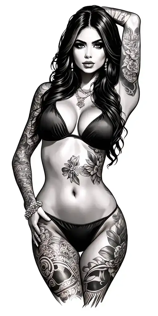 Sexy beautiful girl, petite, big boobs, wide hips, bikini . long hair,sexual. Seductive. Full Body,   tattoo design idea