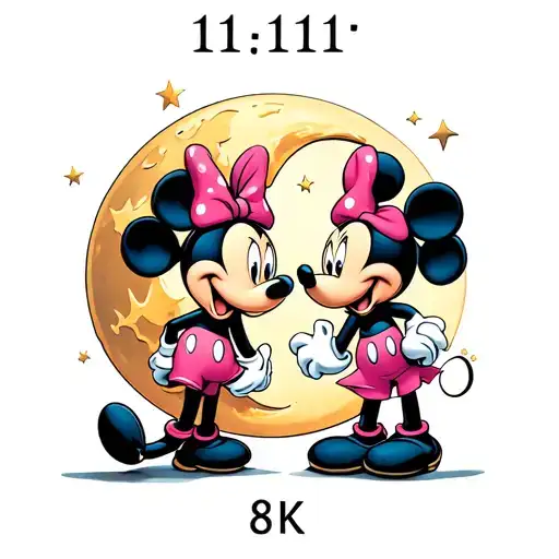 "11:11" mickey mouse and minnie mouse with moon tattoo design idea