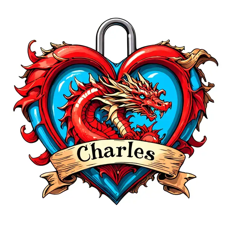red and blue heart shaped lock with a dragon and the name Charles engraved.   tattoo design idea