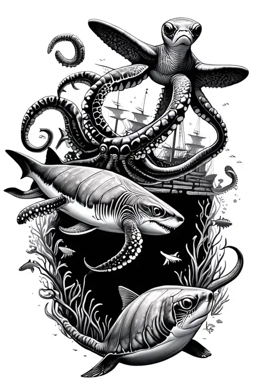underwater scene featuring turtles, shipwreck, shark, fish and octopus tattoo design idea
