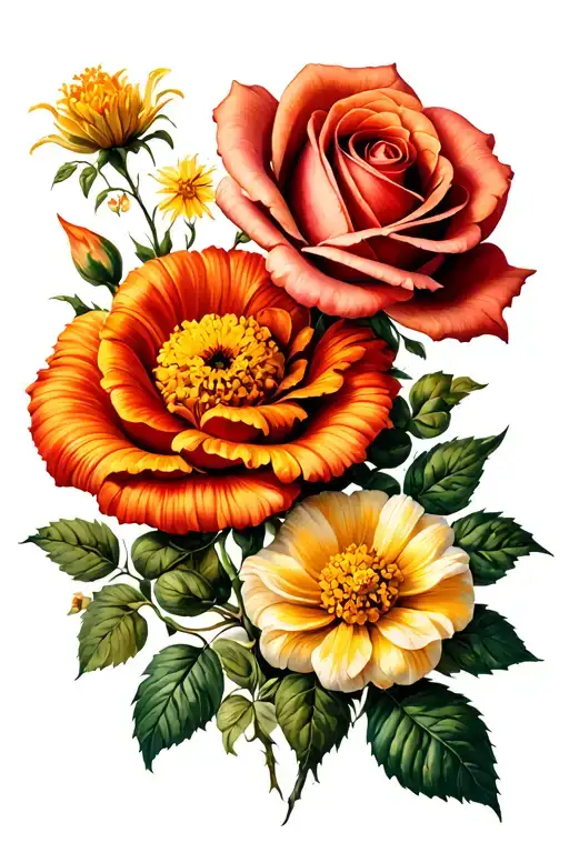 rose, marigold, honeysuckle, cosmos flowers tattoo design idea