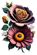 rose, marigold, honeysuckle, cosmos flowers tattoo design idea