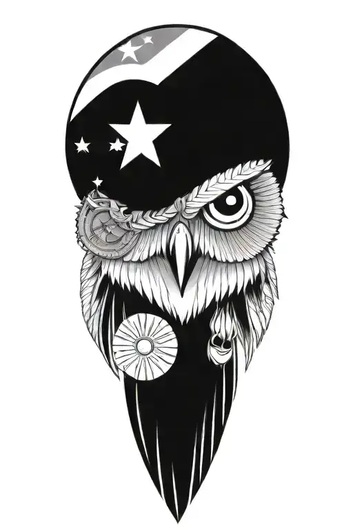 fierce owl with Native American jewelry and american flag tattoo design idea