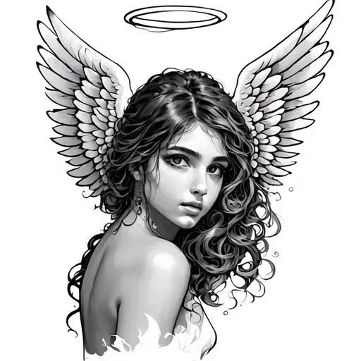 wings on the side of danielle with a halo on top tattoo design idea
