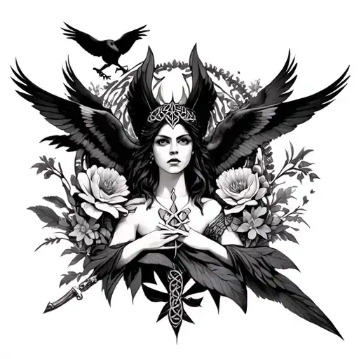 an image of the Celtic Goddess, the Morrigan. Surrounded by her associated flowers, weapons and multiple flying crows.  tattoo design idea