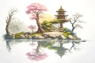 A serene landscape scene with a peaceful meditation spot, reflecting the client's passion for mindfulness tattoo design idea