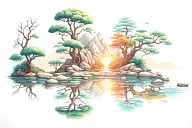 A serene landscape scene with a peaceful meditation spot, reflecting the client's passion for mindfulness tattoo design idea