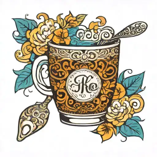 An intricate coffee cup design with name Patricia and animal patterns and barista tools tattoo design idea