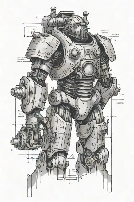 fallout power armour blueprint, schematic drawing tattoo design idea
