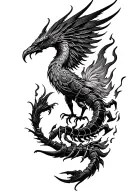 Scorpio and Phoenix rising from flames left arm sleeve tattoo design idea