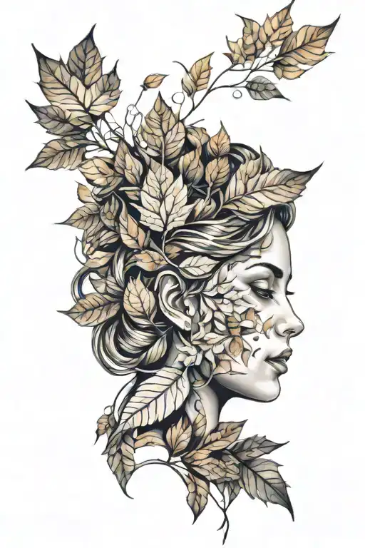 autumn leaves forming the shape of a woman tattoo design idea
