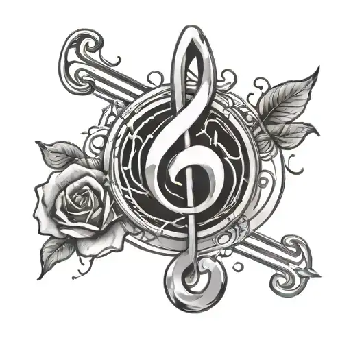 A tattoo design of a feminist symbol intertwined with art supplies and musical notes tattoo design idea
