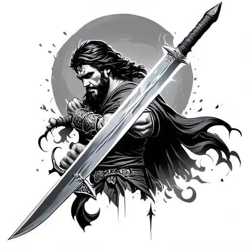 biblical fighter swinging sword tattoo design idea