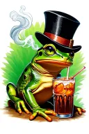 nature piece, green frog that has a top hat, and a drink that is jamming to Aerosmith. black cat, green eyes, smoking tattoo design idea