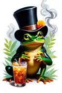 nature piece, green frog that has a top hat, and a drink that is jamming to Aerosmith. black cat, green eyes, smoking tattoo design idea