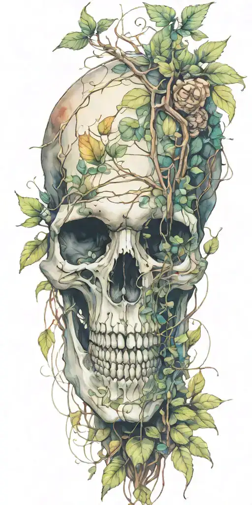 single skull at the bottom with trees and vines sprouting from the top  tattoo design idea