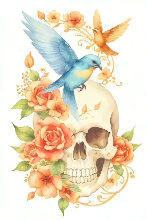 Cute skull with flowers - a swallow - simple  tattoo design idea