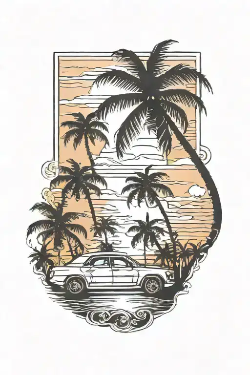sunset palm trees car driving tattoo design idea