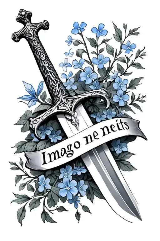 a sword with the words imago dei wrapped in forget me nots tattoo design idea
