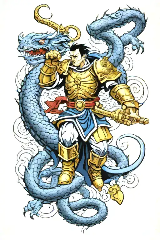 draw a space marine fighting a dragon posed as Saint Michael fighting the serpent.  tattoo design idea