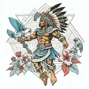 Aztec warrior with a background of pyramid and hummingbirds tattoo design idea