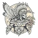  Aztec warrior with a background of pyramid and hummingbirds tattoo design idea