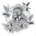  Aztec warrior with a background of pyramid and hummingbirds tattoo design idea