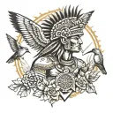  Aztec warrior with a background of pyramid and hummingbirds tattoo design idea
