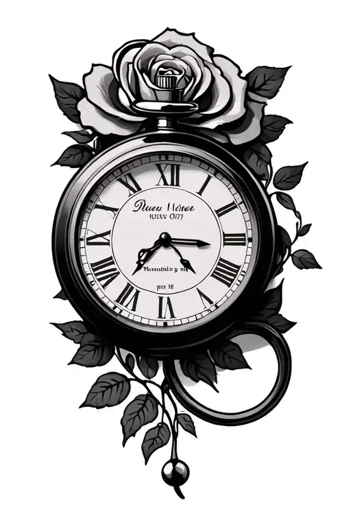 stop watch surrounded by shadow wedding date and roses intertwined tattoo design idea
