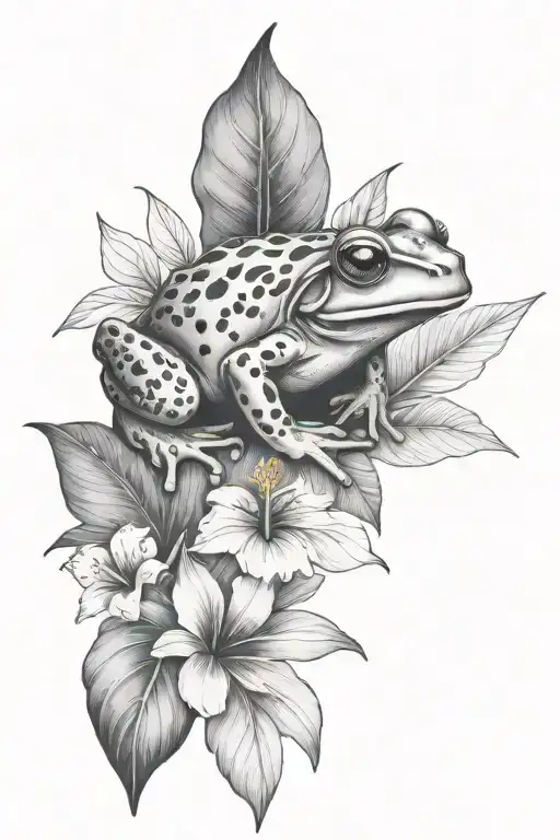 small frog and tropical leaves and hibiscus tattoo design idea