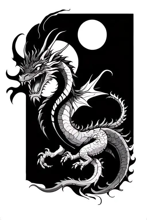 a tattoo in the Blackwork style, it must have a dragon, and a few millimeters in front of it a sun tattoo design idea