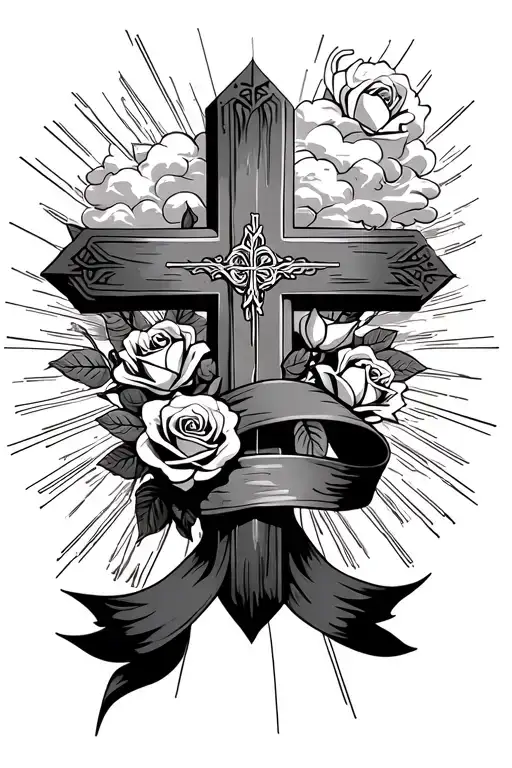 cross, clouds, roses, light rays, ribbon wrapping around cross tattoo design idea