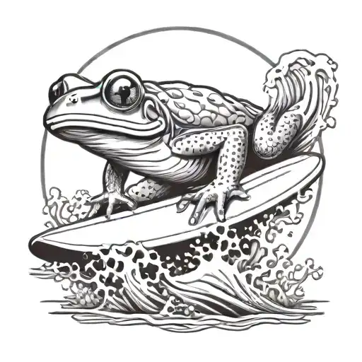 give me a tattoo design of a red frog surfing on a surfboard in a barrel under a reef tattoo design idea