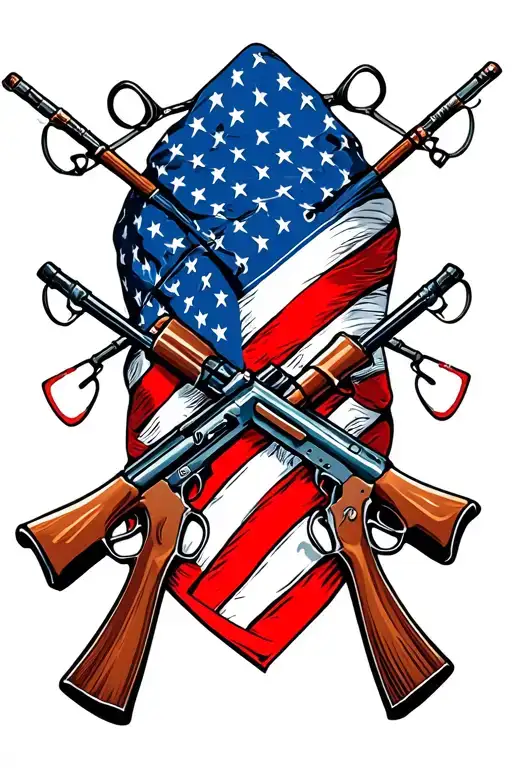 American flag bandana with fishing poles crossed rifles tattoo design idea