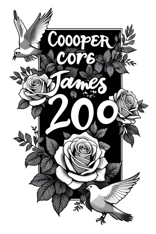 the name cooper James with the numbers 2020 with roses,honey suckles, and doves. tattoo design idea