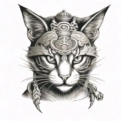 realistic,samurai,calico cat tattoo design idea