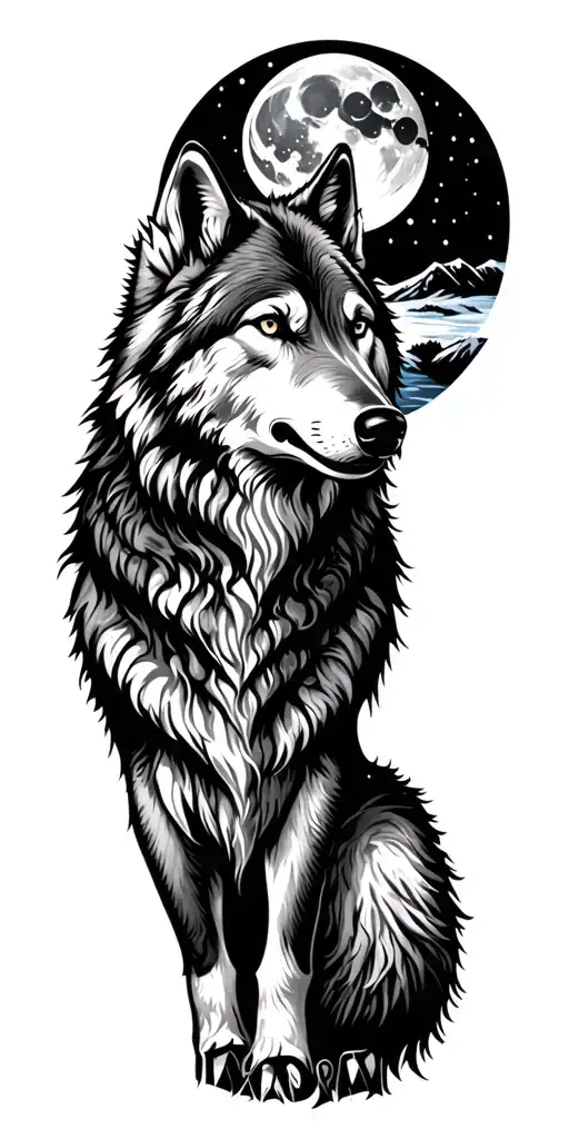 arctic wolf, moon, snowing, scenic tattoo tattoo design idea