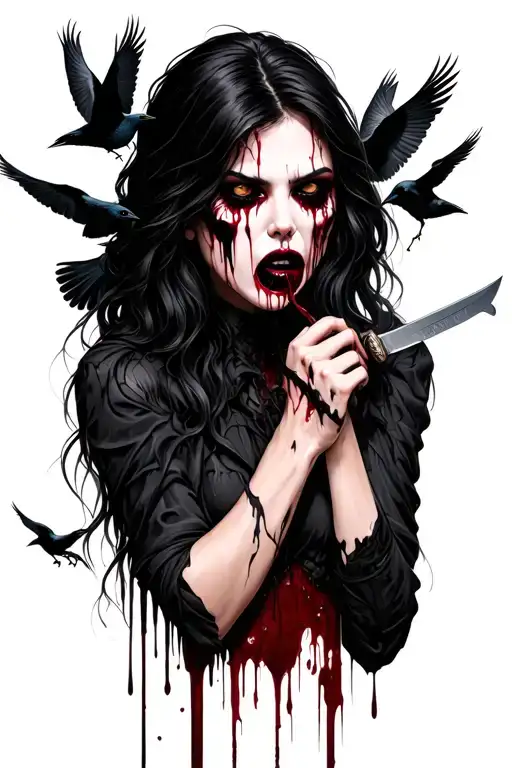 sexy dark horror gothic woman with black bloody tears running down face licking bloody knife with black crows flying  tattoo design idea