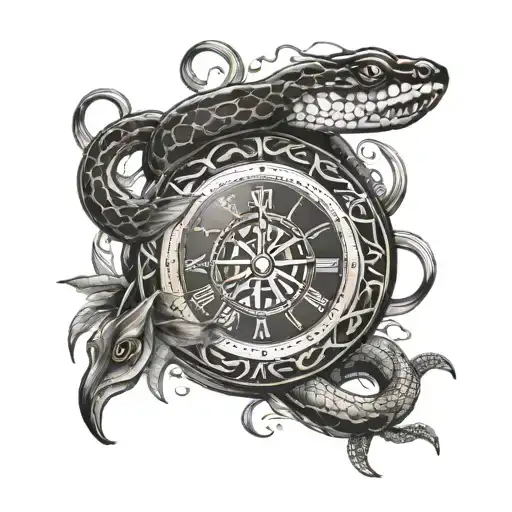 clock surrounded by snakes  tattoo design idea