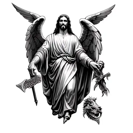 Jesus, temple knights, angels, demons, sleev, left arm tattoo design idea