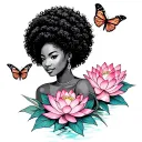 line work of a black woman with an afro surrounded by lotus flowers and butterflies  tattoo design idea