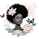 line work of a black woman with an afro surrounded by lotus flowers and butterflies  tattoo design idea
