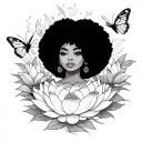 line work of a black woman with an afro surrounded by lotus flowers and butterflies  tattoo design idea
