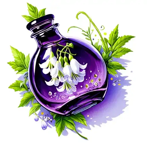 lilly of the valley, nightshade, foxglove, inside a potion bottle tattoo design idea