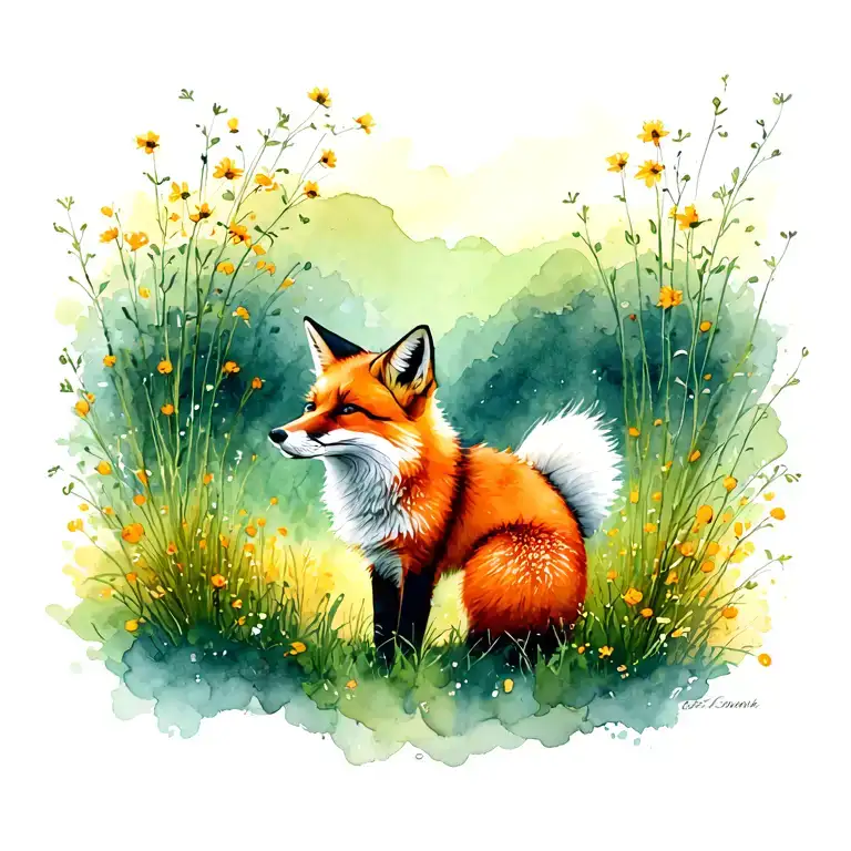 create a complete summer landscape and integrate a subtle outline of a wandering fox tattoo design idea