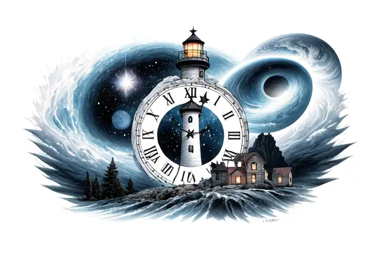 space, star, planet, lighthouse, black hole, time clock tattoo design idea