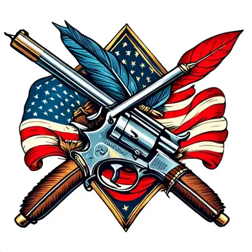 us navy flintlock pistol crossed with quill pen tattoo design idea