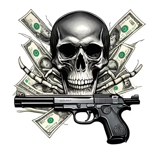 full sleeve tatoo that includes a skull, money, gun, spider tattoo design idea