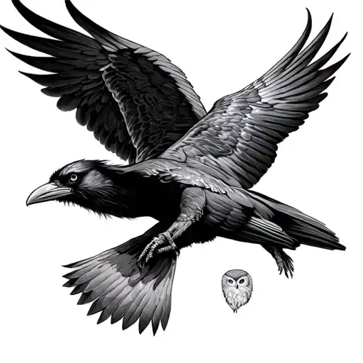 flying raven and athene (owl), should fly to different sizes tattoo design idea